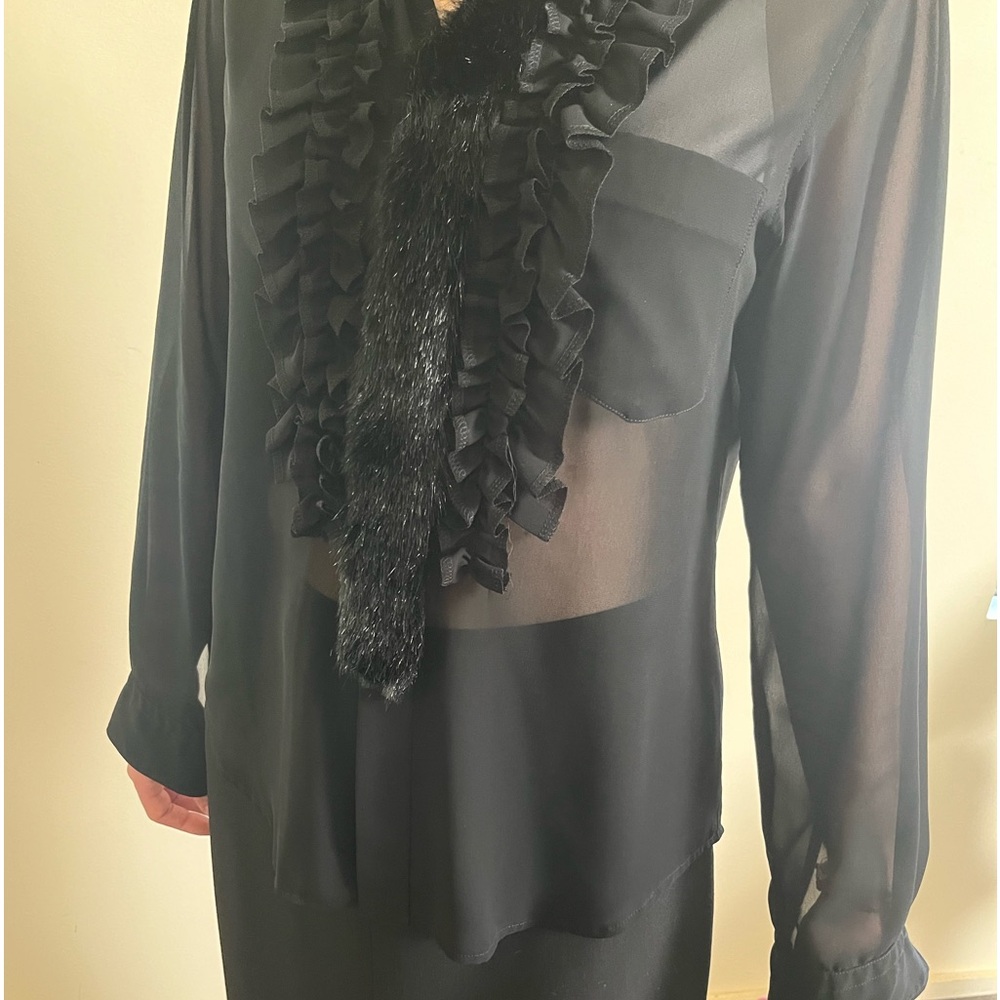 Comme des Garçons black sheer blouse with ruffle and faux fur detail